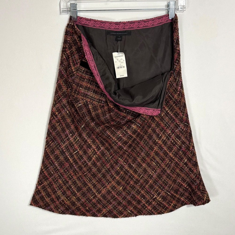 VTG Y2K Express Tweed Skirt Suit Set Size 8 6 Velvet Fringe Trim Preppy Sorority - Picture 14 of 16